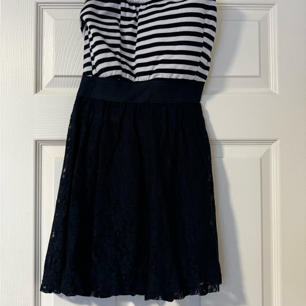 Striped Blue and White Mini Dress with Lace Skirt